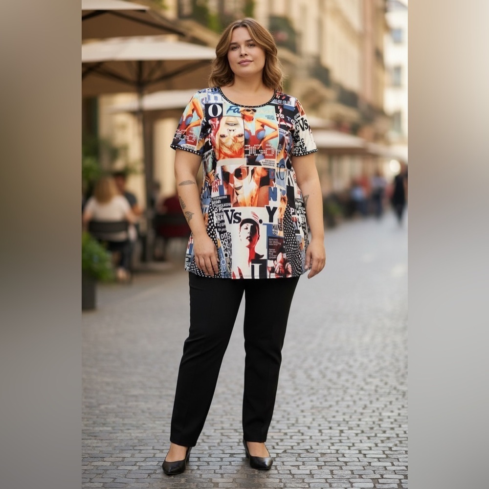 Claire France, Tunic Magazine Print, Plus Size 1X, Multicolor